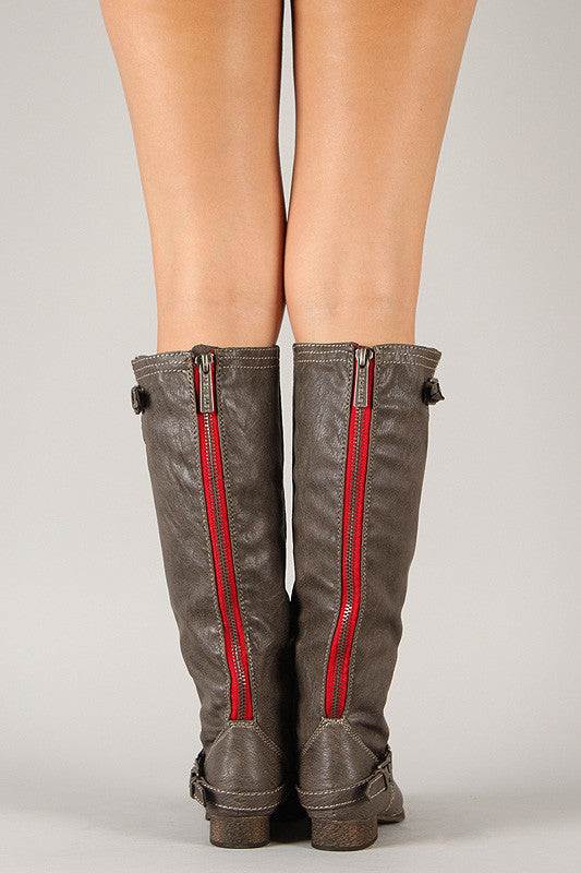 Breckelle Double Buckle Contrast Zipper Riding Knee High Boot
