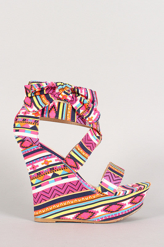 Bamboo Tribal Bow Open Toe Platform Wedge