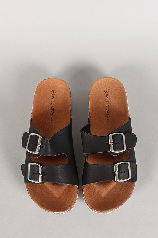 Wild Diva Double Buckle Slip On Footbed Sandal