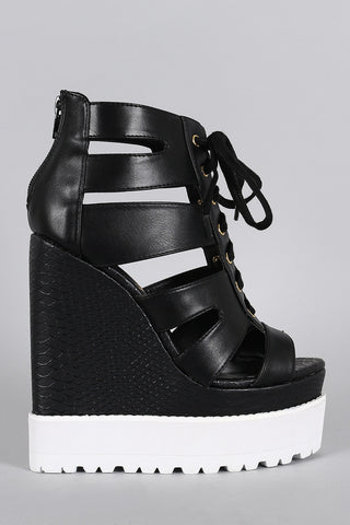 Studded Gladiator Lace Up Footbed Platform Wedge Sandal