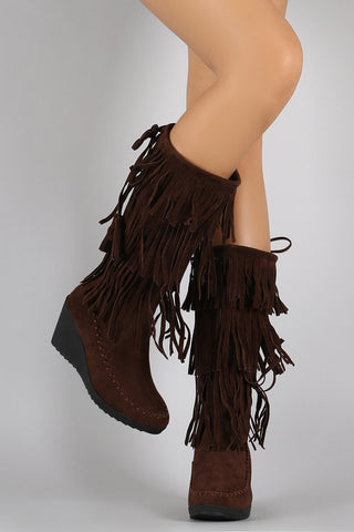 Bow Bead Fringe Moccasin Flat Boots