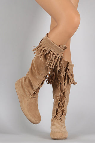 Bow Bead Fringe Moccasin Flat Boots