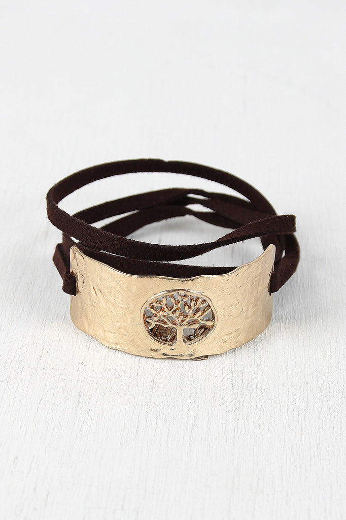 Tree Emblem Hammered Cuff Wrap Bracelet