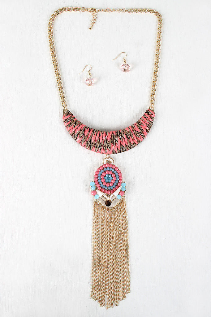 Acrylic Mosaic And Woven Plate Necklace