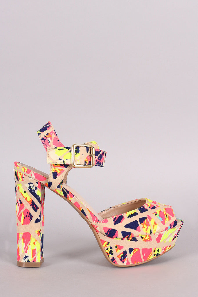 Bamboo Neon Strokes Peep Toe Platform Chunky Heel