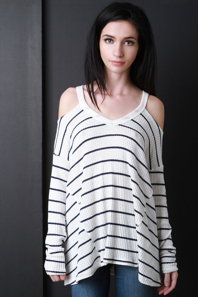 V-Neck Open Shoulder Stripe Top