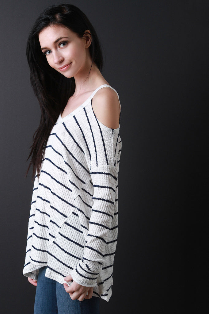 V-Neck Open Shoulder Stripe Top
