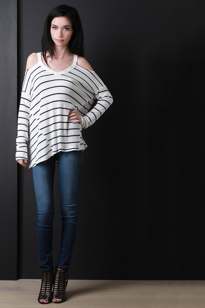 V-Neck Open Shoulder Stripe Top