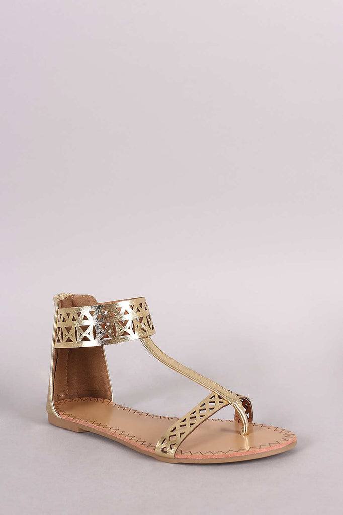 Qupid Perforated T-Strap Thong Flat Sandal