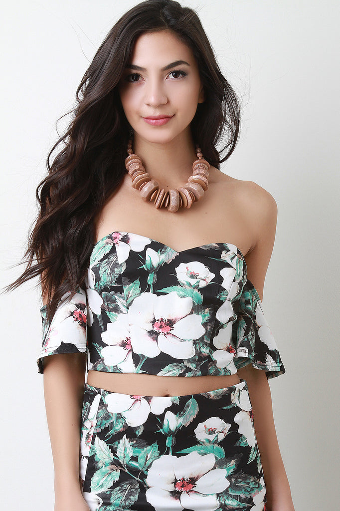 Tropical Flowers Sweetheart Bardot Crop Top