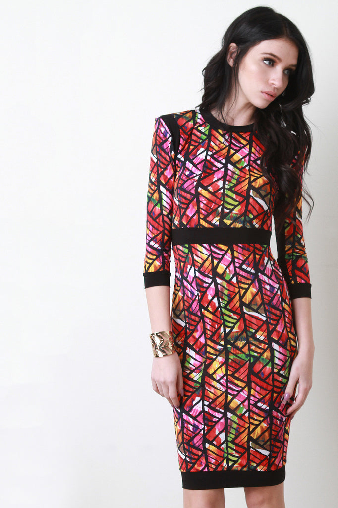 Three Quarter Sleeve Pattern Midi Dress