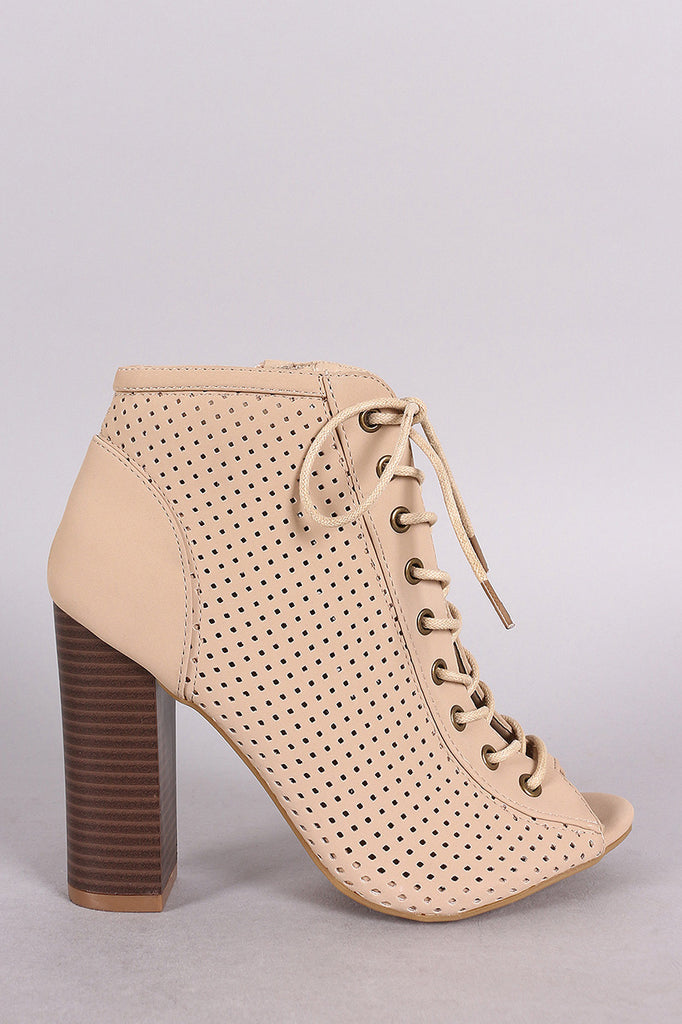 Bamboo Perforated Lace Up Chunky Heeled Booties