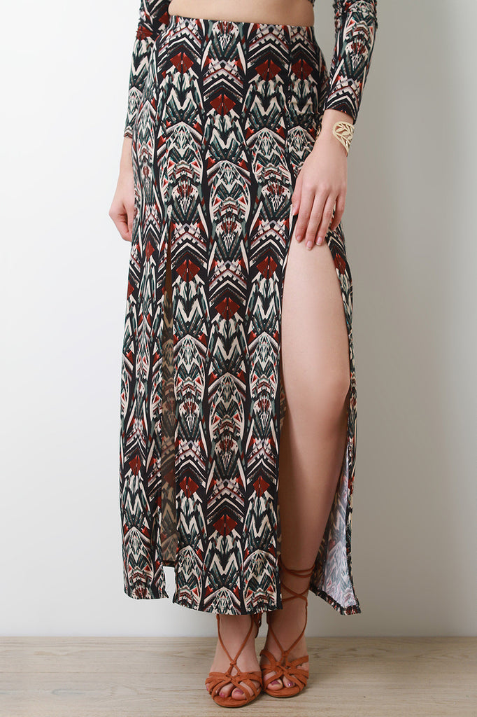 Abstract Print Double Deep Slit Maxi Skirt