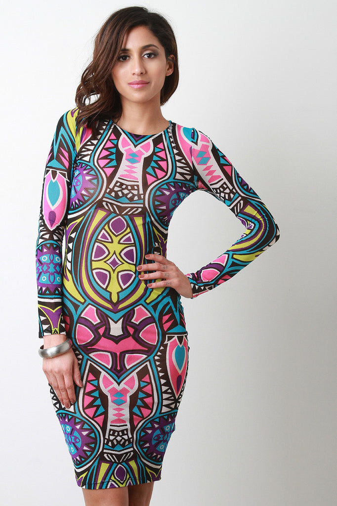 Tribal Print Semi-Sheer Midi Dress