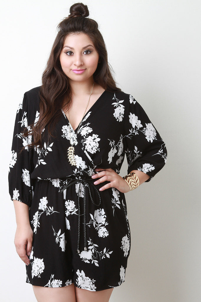 Three Quarter Bell Sleeve Surplice Floral Romper