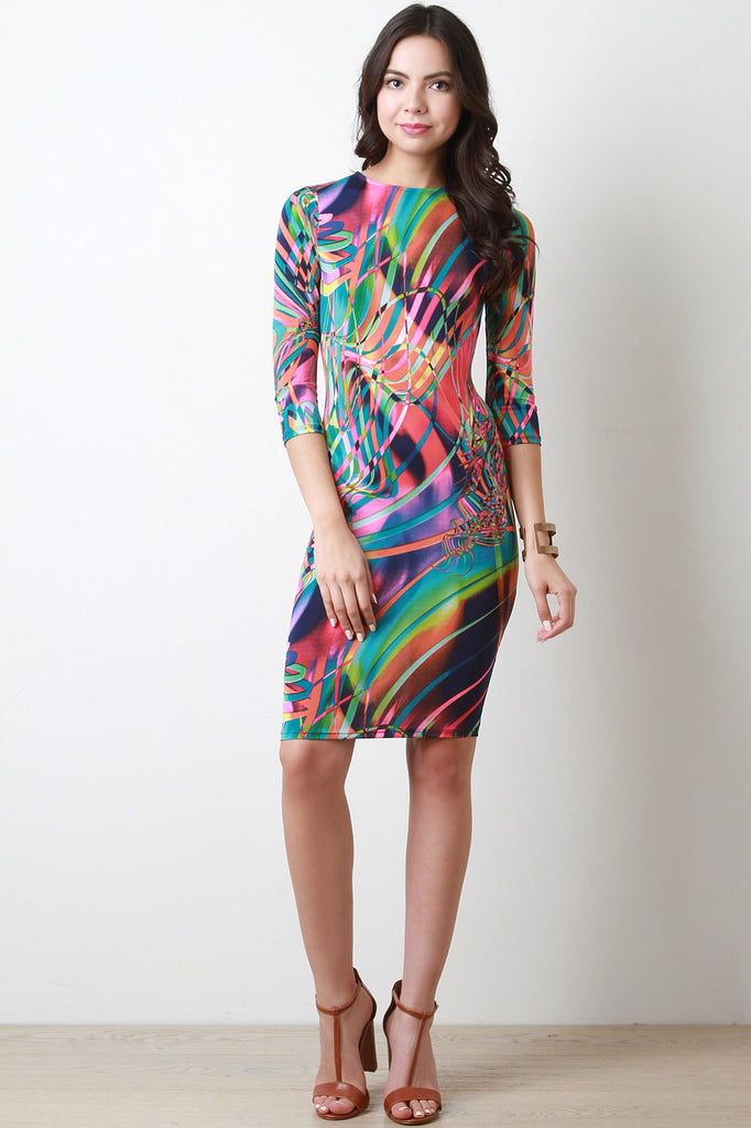 Abstract Print Quarter Sleeve Bodycon Dress