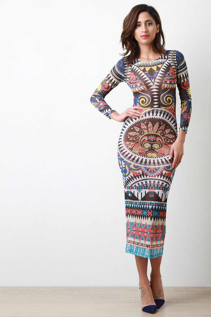 Tribal Print Semi-Sheer Maxi Dress