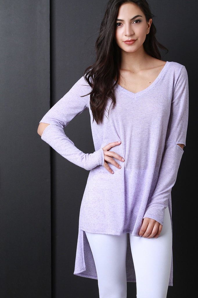 V-Neck Elbow Slit Long Sleeve Top