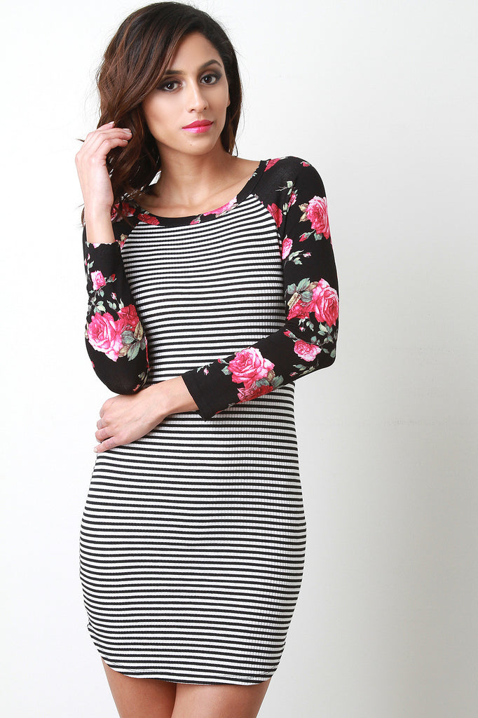 Floral Raglan Striped Dress