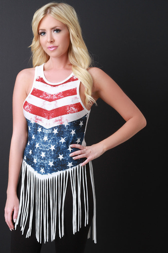 American Flag Print Fringe Hem Sleeveless Top