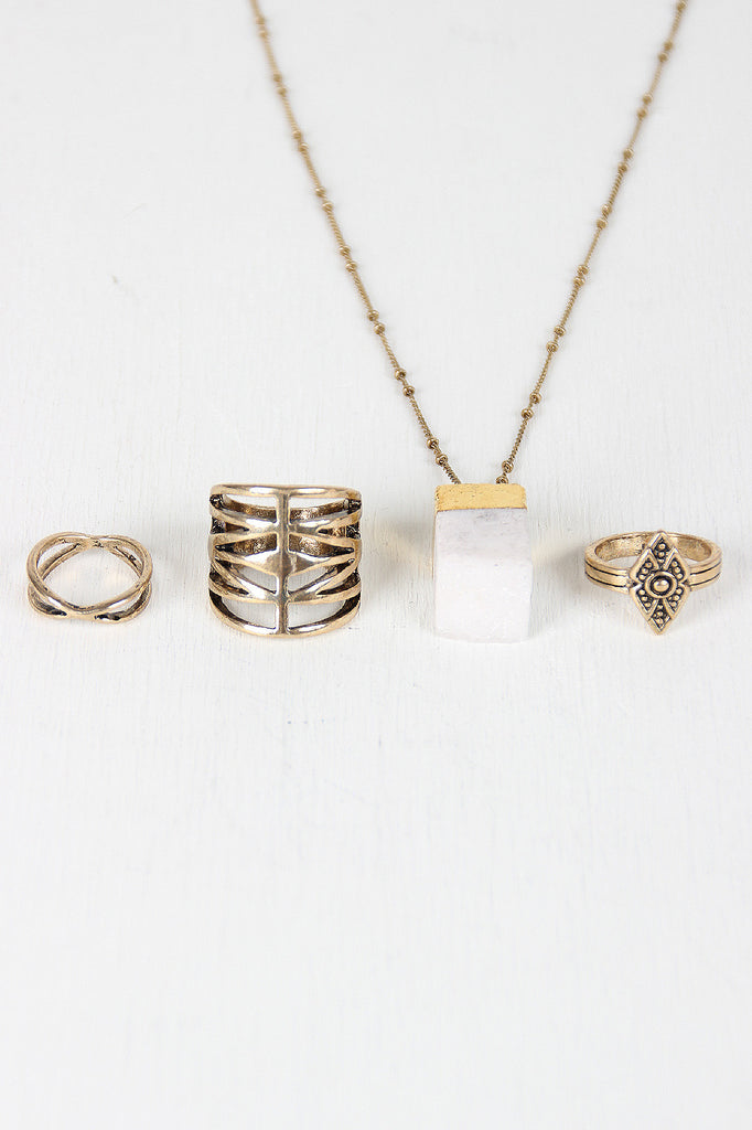 Raw Quartz And Geometric Ring Set