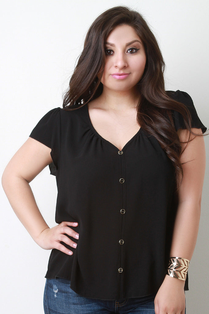 V-Neck Semi-Sheer Button Cap Sleeve Top