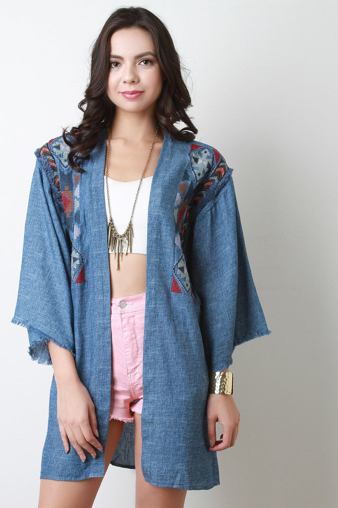 Tribal Stitching Chambray Kimono