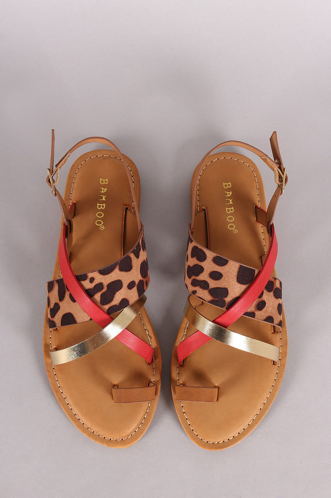 Bamboo Leopard Asymmetrical Toe Ring Flat Sandal