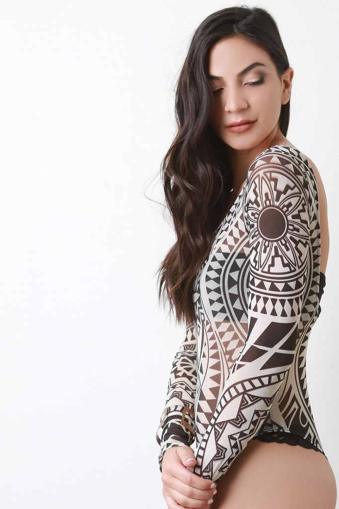 Abstract Tribal Long Sleeve Backless Mesh Bodysuit