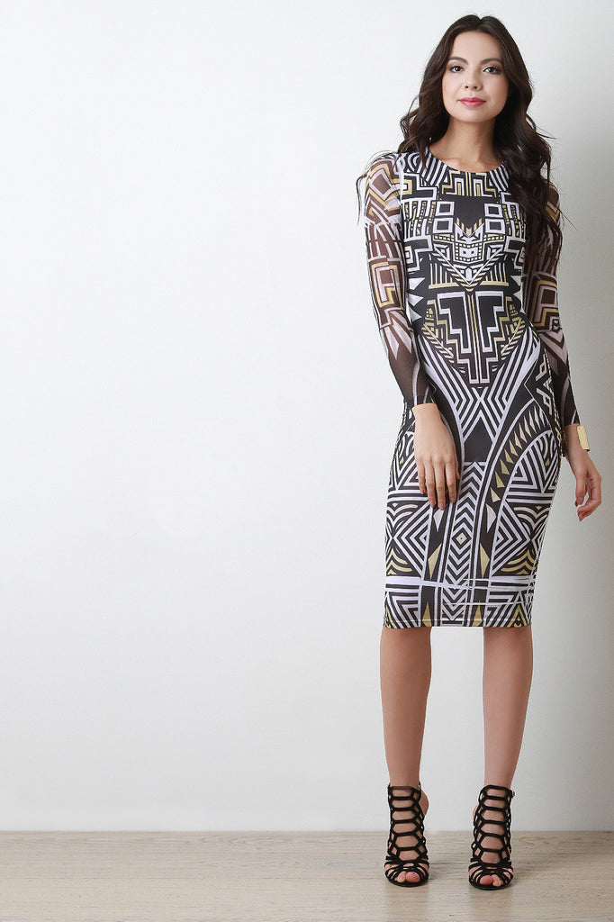 Abstract Squares Geometrical Mesh Sleeves Dress