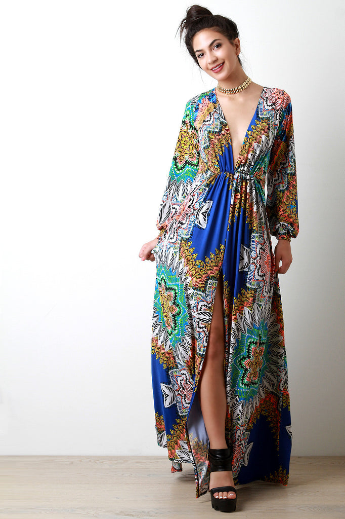 Abstract Leaves Plunging V Thigh High Slit Maxi Dress
