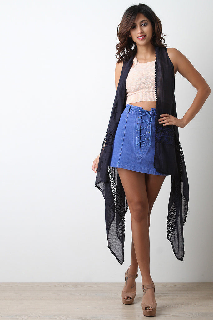 Woven Crochet Trimmed Open Front Cardigan
