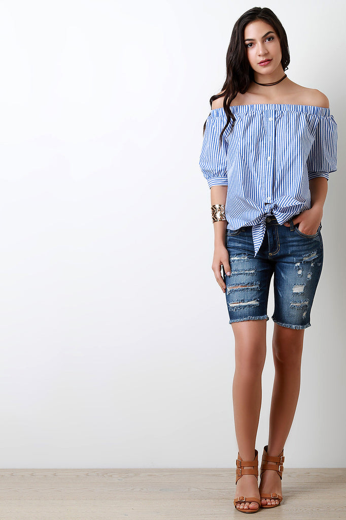 Off-The-Shoulder Stripes Button-Up Top