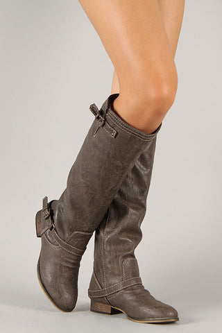 Breckelle Double Buckle Contrast Zipper Riding Knee High Boot