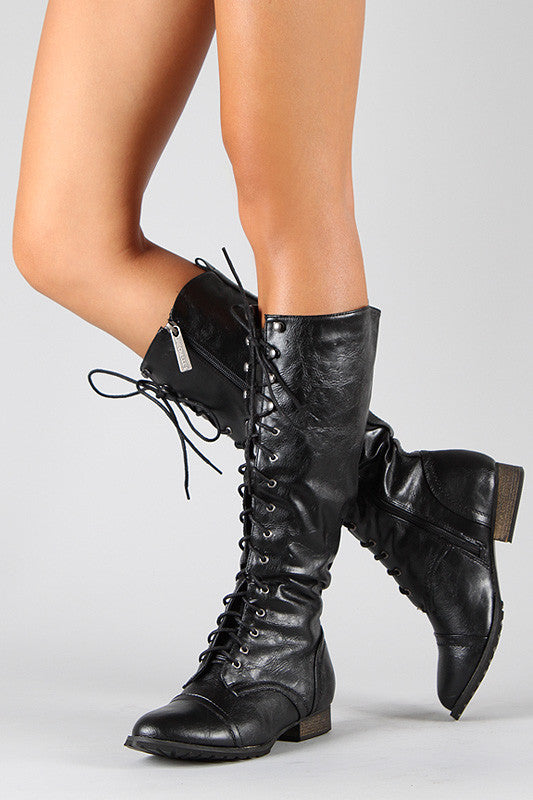 Breckelle Round Toe Lace Up Combat Knee High Boot