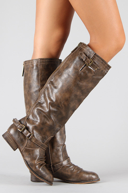 Breckelle Double Buckle Ruched Round Toe Riding Knee High Boot