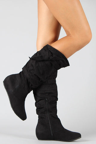 Suede Layered Fringe Moccasin Mid Calf Wedge Boots