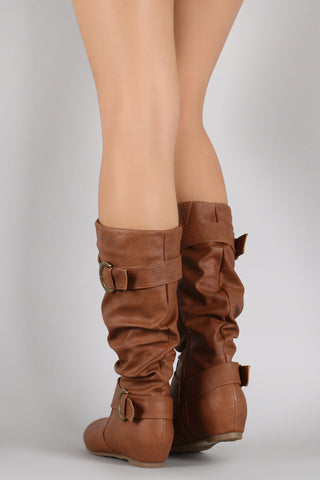 Wild Diva Lounge Buckle Slouchy Wedge Boots