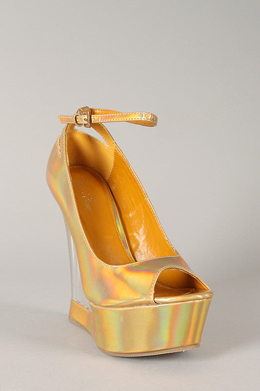 Hologram Lucite Ankle Strap Platform Wedge