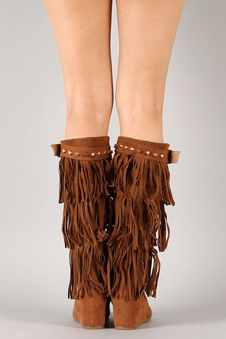 Fringe Studded Moccasin Knee High Wedge Boot