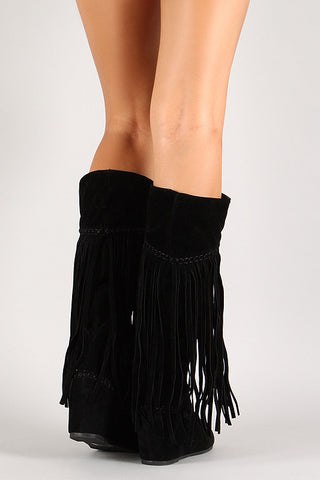 Suede Fringe Knee High Wedge Boot