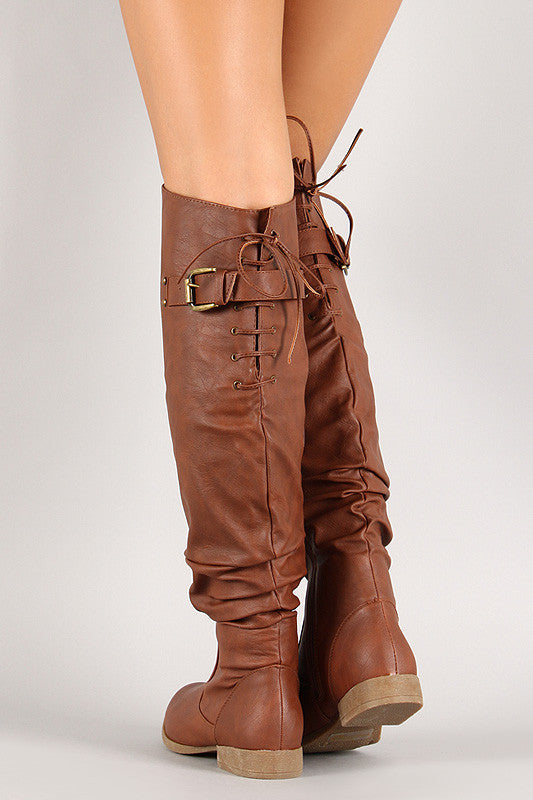 Lace Up Buckled Back Collar Slouchy Over-The-Knee Boot