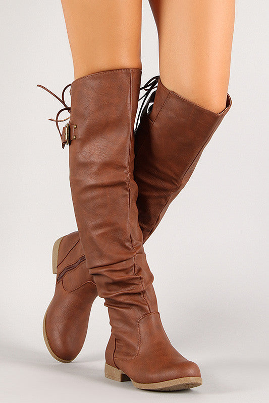 Lace Up Buckled Back Collar Slouchy Over-The-Knee Boot