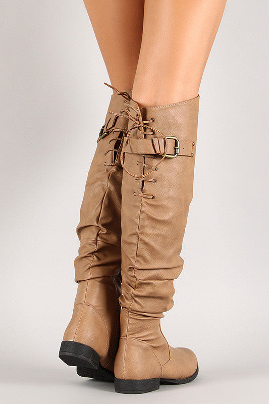 Lace Up Buckled Back Collar Slouchy Over-The-Knee Boot