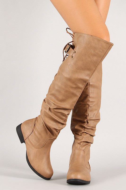 Lace Up Buckled Back Collar Slouchy Over-The-Knee Boot