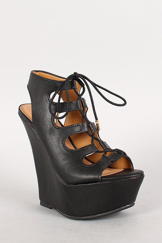 Dollhouse Leatherette Cutout Lace Up Platform Wedge