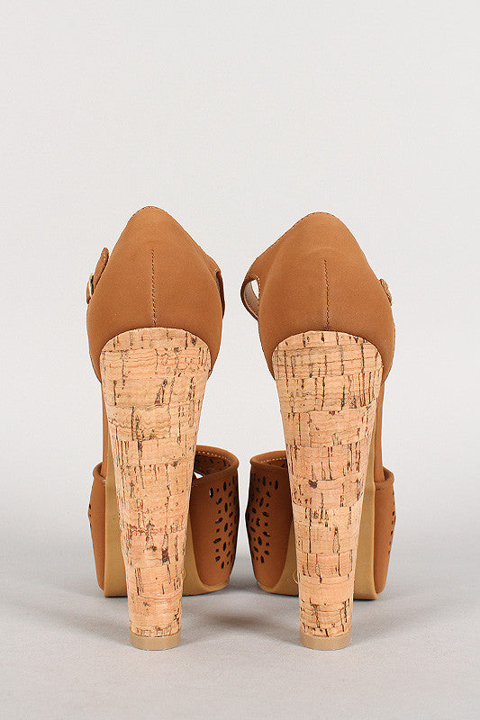 Bamboo Nubuck Perforated T-Strap Cork Platform Heel