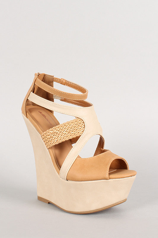 Dollhouse Two Tone Woven Cutout Peep Toe Platform Wedge