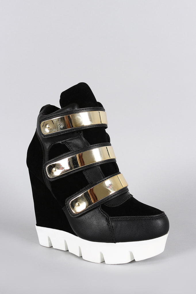 Dollhouse Suede Metallic Strap High Top Wedge Sneaker