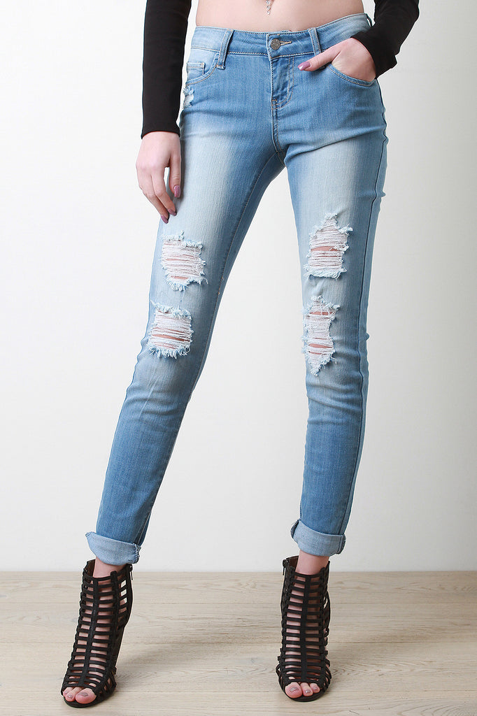 Stone Wash Distress Skinny Jeans